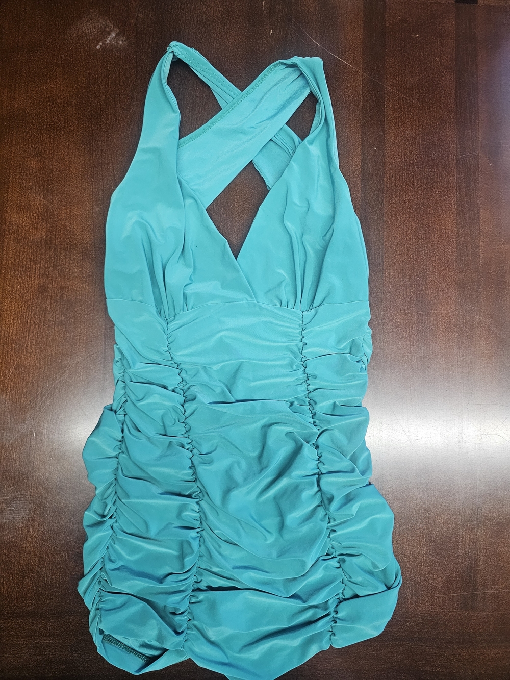 Body Central Ruched Teal Cross-Back Halter Tank
